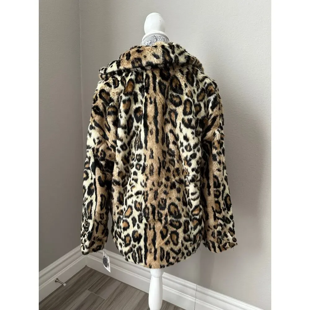 FREE PEOPLE Womens Leopard Print Faux Fur Kate Oversized Jacket Coat Size XS
